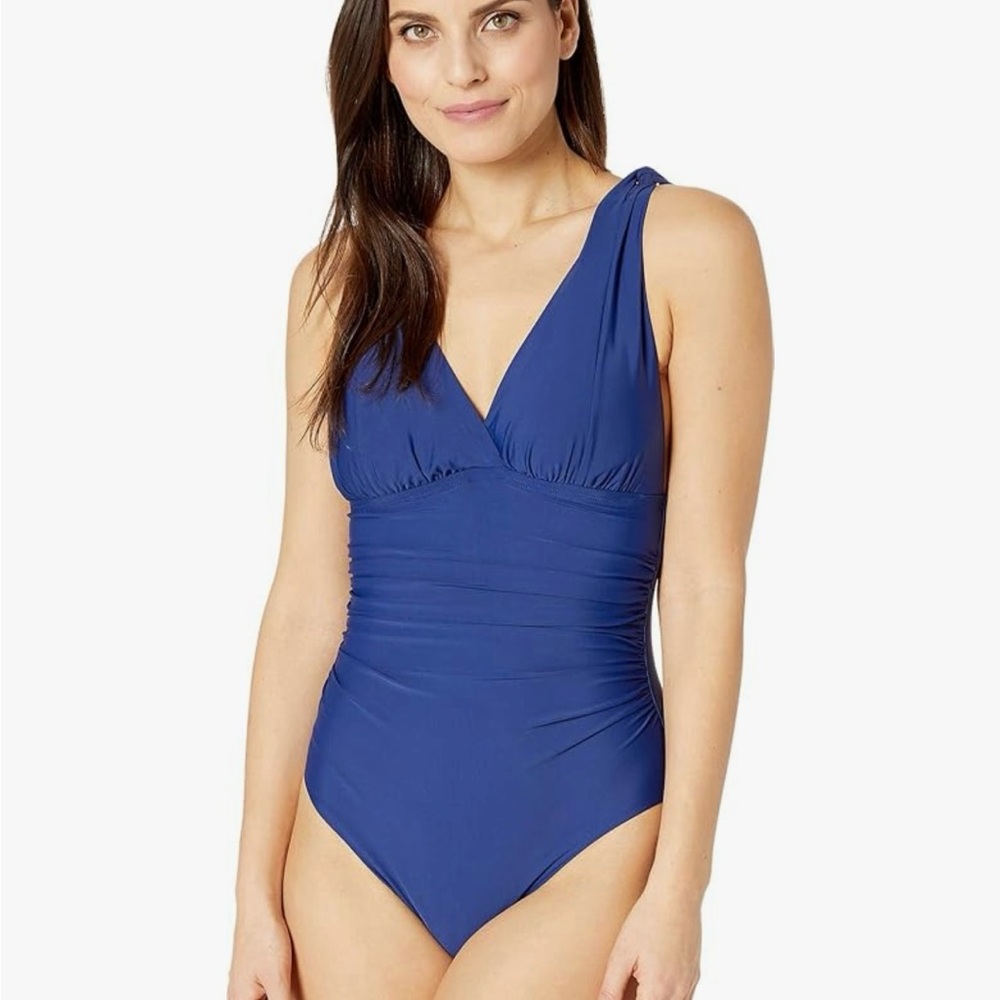 Athena Solid Over The Shoulder Surplice One Piece Swimsuit, Navy, Women's 10